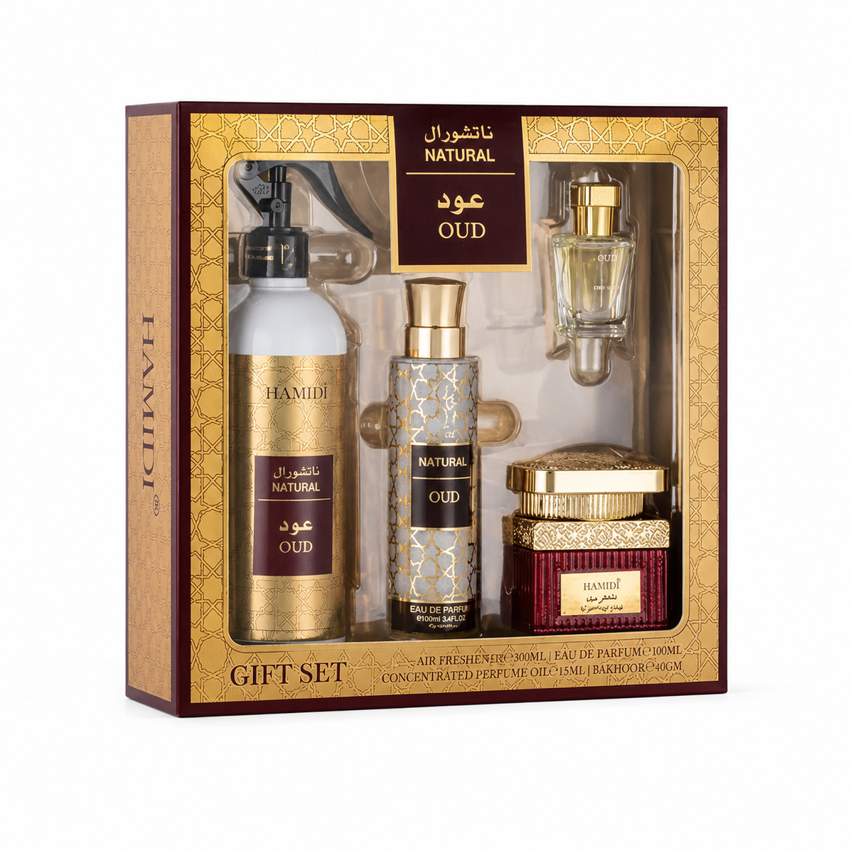 HAMIDI - Oud Gift Set (Air Freshener 480 ml - EDP 100 ml - Concentrated Perfume Oil 12 ml - Muattar 50 gm)