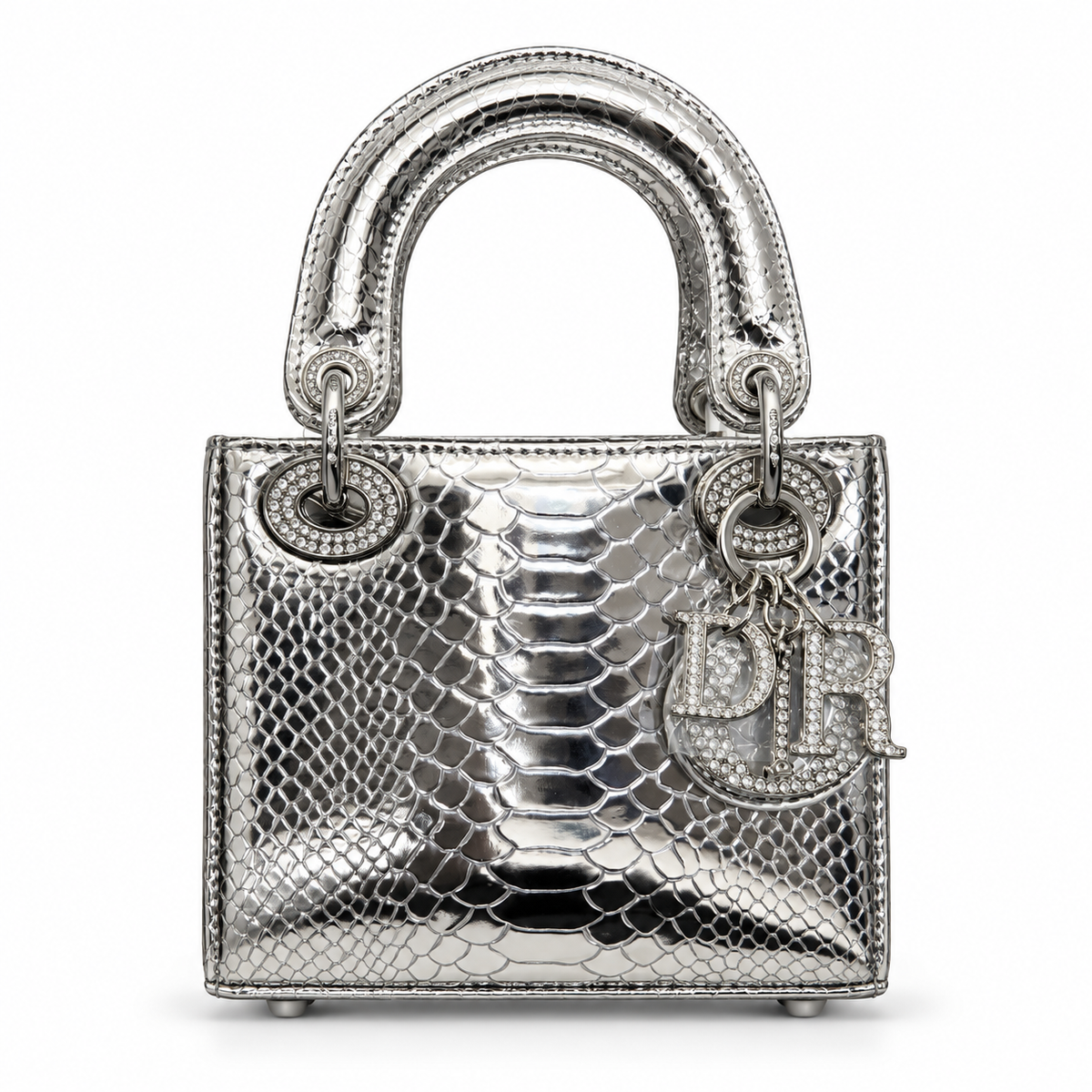 Dior-Style Silver Python-Effect Mini Top Handle Bag