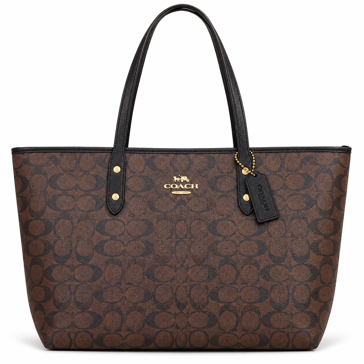 Brown Coach Signature Canvas Tote Bag with Black Trim and Gold Details