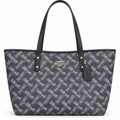 Gray Coach Horse and Carriage Print Tote Bag with Black Trim
