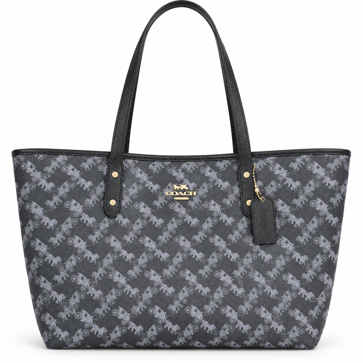 Gray Coach Horse and Carriage Print Tote Bag with Black Trim