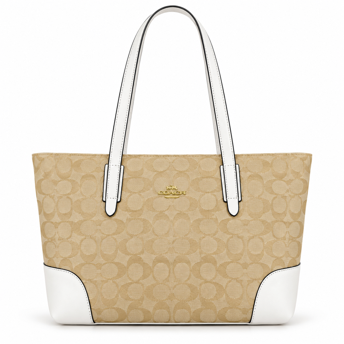Off-white and Cognac Coach Signature Canvas Three-Piece Bag Set — Tote, Pouch & Cosmetic Bag