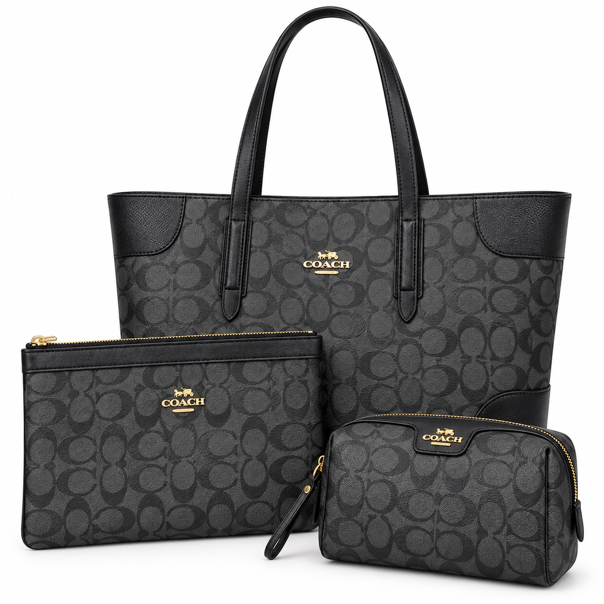 Black Coach Signature Canvas Three-Piece Bag Set — Tote, Pouch & Cosmetic Bag