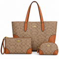 Beige and Cognac Coach Signature Canvas Three-Piece Bag Set — Tote, Pouch & Cosmetic Bag