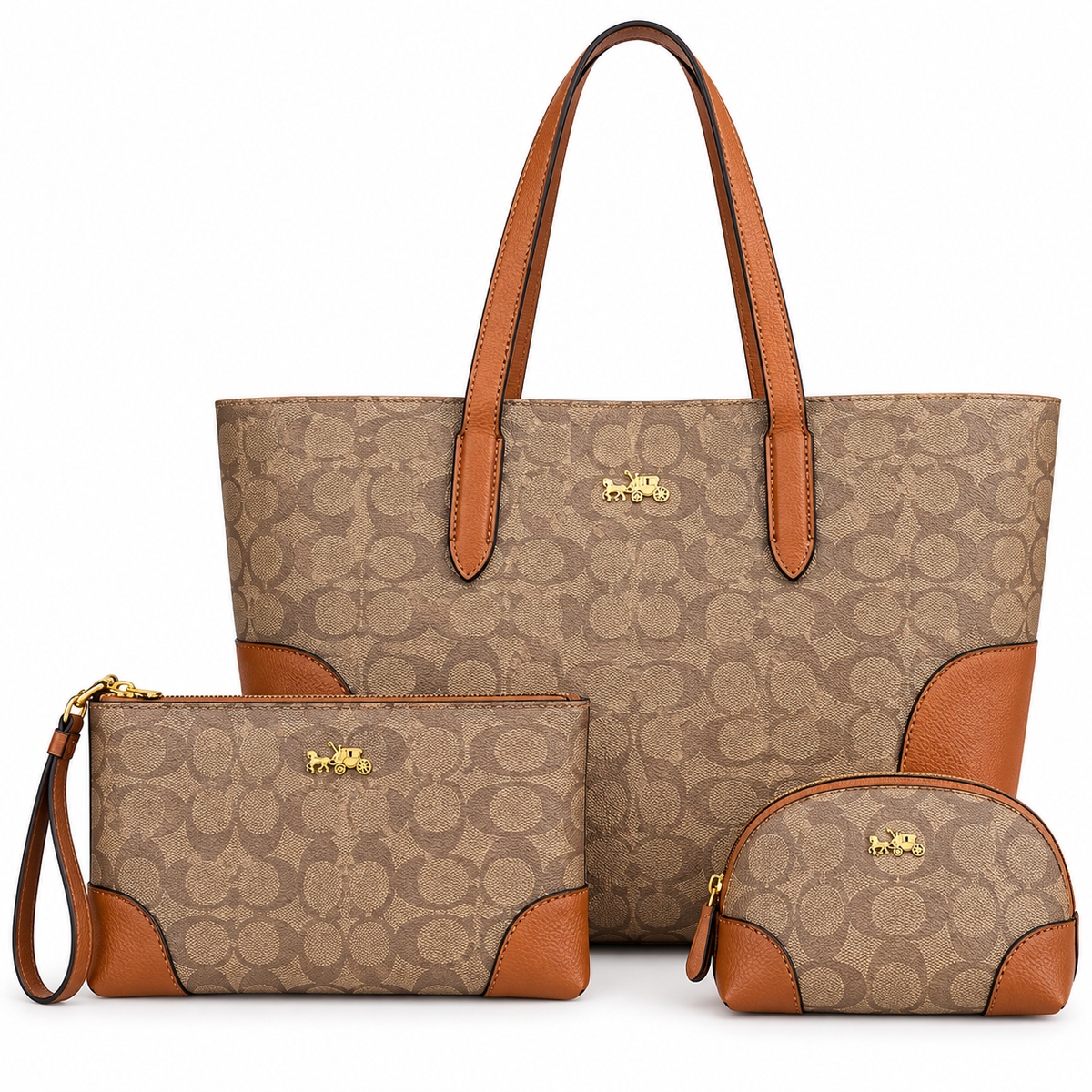 Beige and Cognac Coach Signature Canvas Three-Piece Bag Set — Tote, Pouch & Cosmetic Bag
