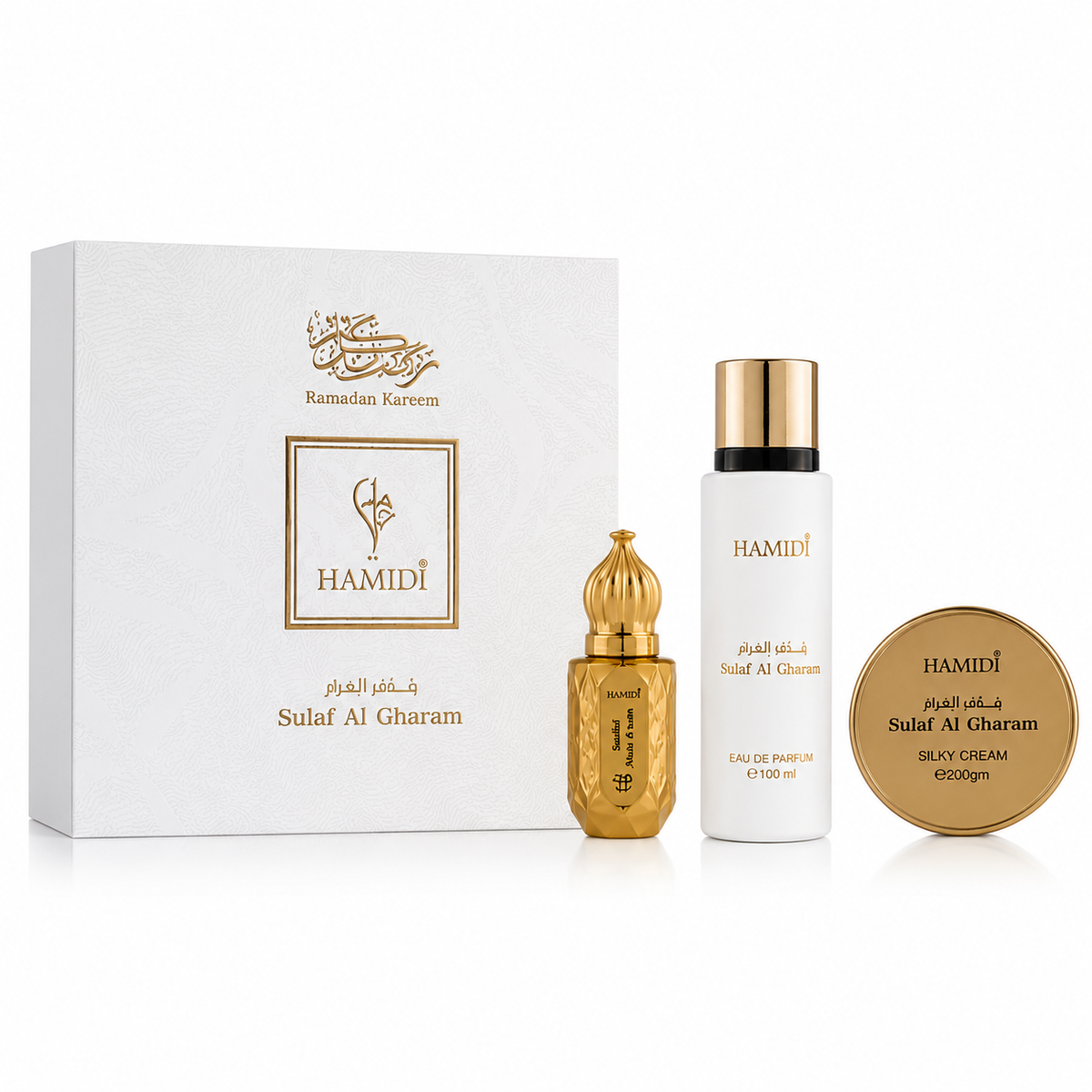 HAMIDI -Sulaf Al Gharam 3-Piece Gift Set Perfume Oil 15 ml, Eau de Parfum 100 ml & Silky Cream 200 g