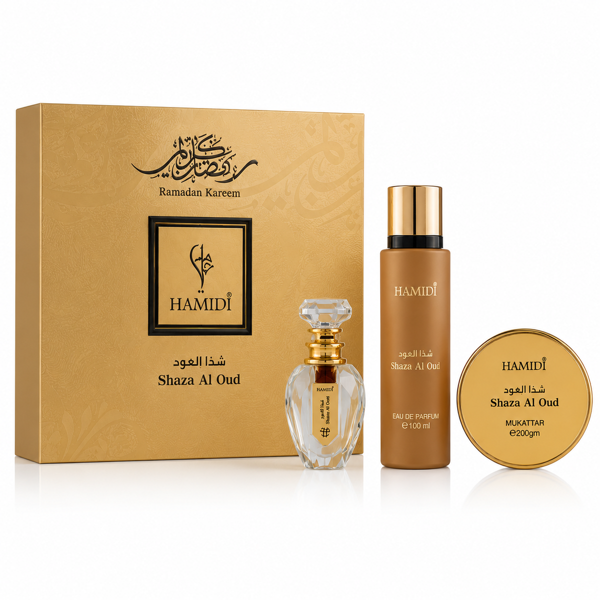 HAMIDI - Shaza Al Oud 3-Piece Gift Set Perfume Oil 15 ml, Eau de Parfum 100 ml & Mukattar Cream 200 g