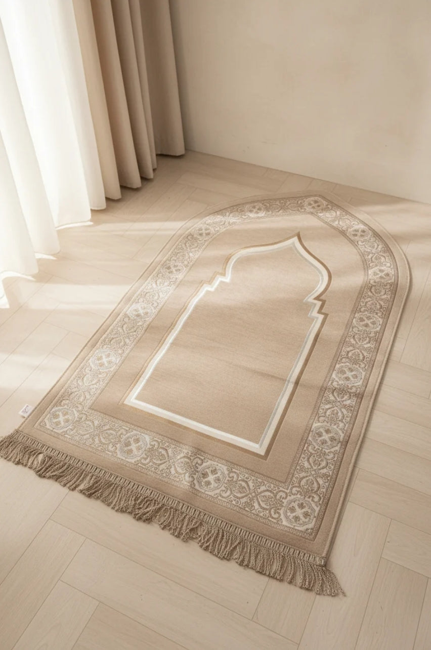 Beige Embossed Mihrab Prayer Mat