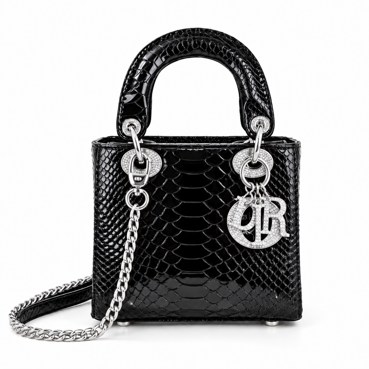 Dior-Style black Python-Effect Mini Top Handle Bag