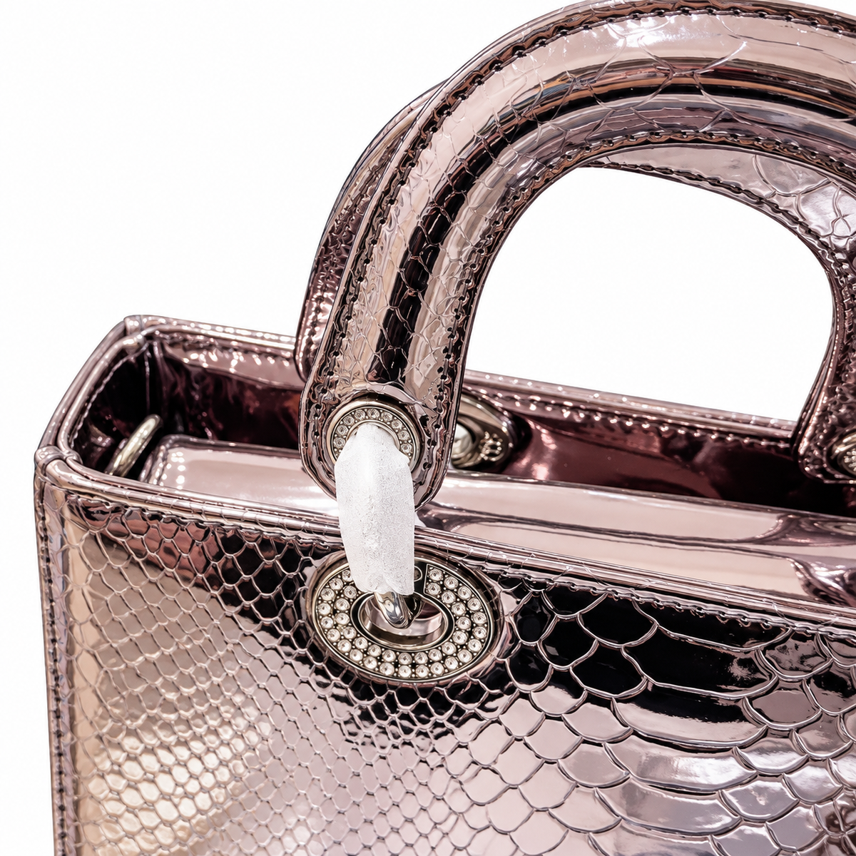 Dior-Inspired Metallic Rose Gold Snake-Effect Handbag