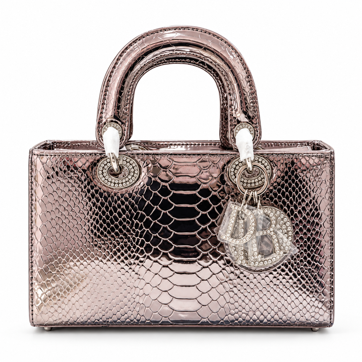 Dior-Inspired Metallic Rose Gold Snake-Effect Handbag